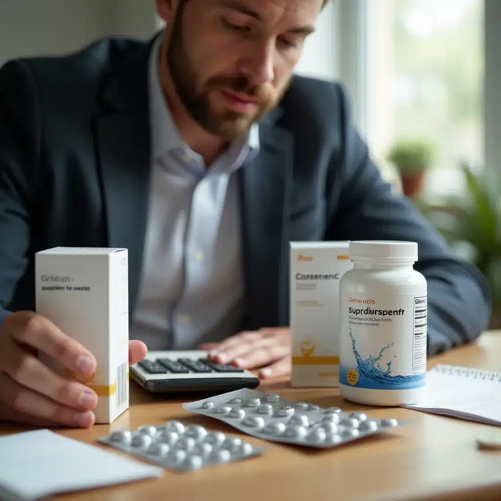 Integratori per la performance: il prezzo basso che costa di più Uomo adulto confronta confezioni di integratori e calcola il costo giornaliero su un taccuino